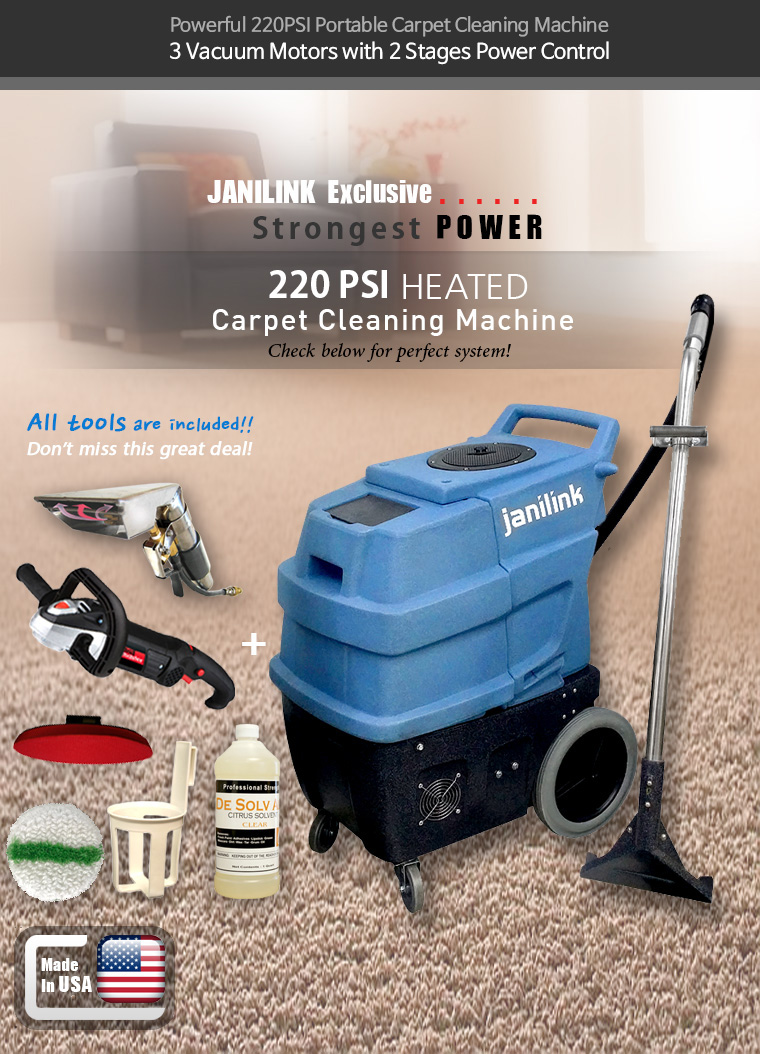 Powerful 220PSI Portable Carpet Cleaning Machine. 3 Vacuum Motors with 2 Stages Power Control. JANILINK Exclusive. Strongest POWER 220 PSI HEATED Carpet Cleaning Machine. Check below for perfect system!. All tools are included!! Don't miss this great deal!