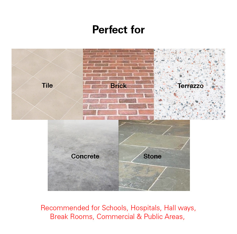 tile, brick, terrazzo, concrete, stone, school, hospitals, hall ways, break rooms, commercial and public areas.