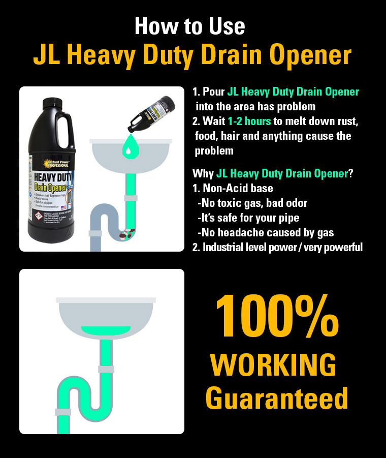 JL Heavy Duty Drain Opener, Non-Acid base / No toxic gas, bad odor / safe pipe / No headache, 100percent WORKING Guaranteed.