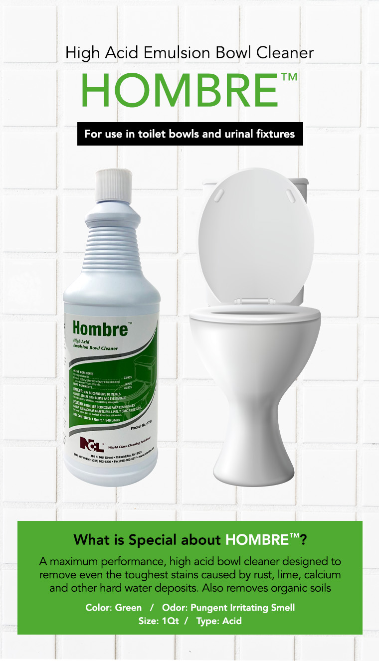 high acid emulsion bowl cleaner, toilet bowls and urinal fixture, stains, rust, lime, calcium, hard water deposits, removes organic soils.