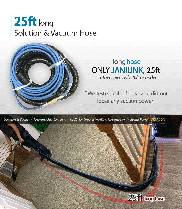 25ft long Solution & Vacuum Hose. long hose. ONLY JANILINK, 25ft. others give only 20ft or under. We tested 75ft of hose and did not loose any suction power. Solution & Vacuum Hose elongates to the length of 25' for Greater Working Coverage with Strong Power ( NOT 15' )