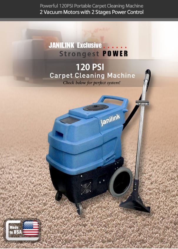 Powerful 120PSI Portable Carpet Cleaning Machine. 3 Vacuum Motors with 2 Stages Power Control. JANILINK Exclusive. Strongest POWER 220 PSI HEATED Carpet Cleaning Machine. Check below for perfect system!. All tools are included!! Don't miss this great deal!