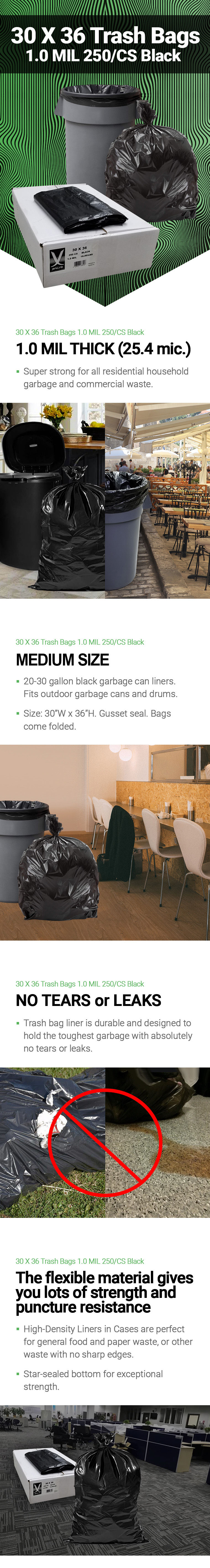 20-30 Gallons 1 Mil Black Low Density Trash Bags 16x14x36 - 250